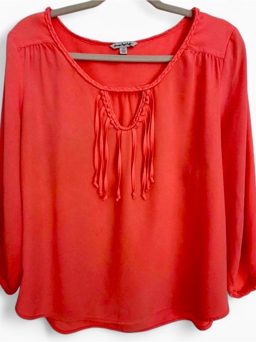 American Eagle Outfitters Coral Braided-Neck Peasant Blouse